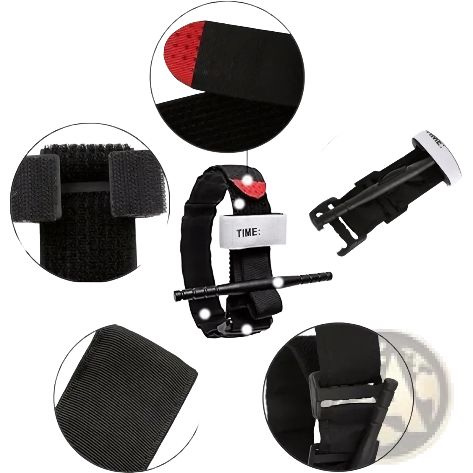 Tactical combat tourniquet emergency medical belt in black fabric with red textured pad and white time label