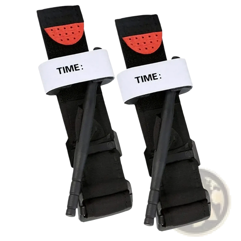 Black and orange tactical combat tourniquet emergency medical belts with white time labels for fast injury control