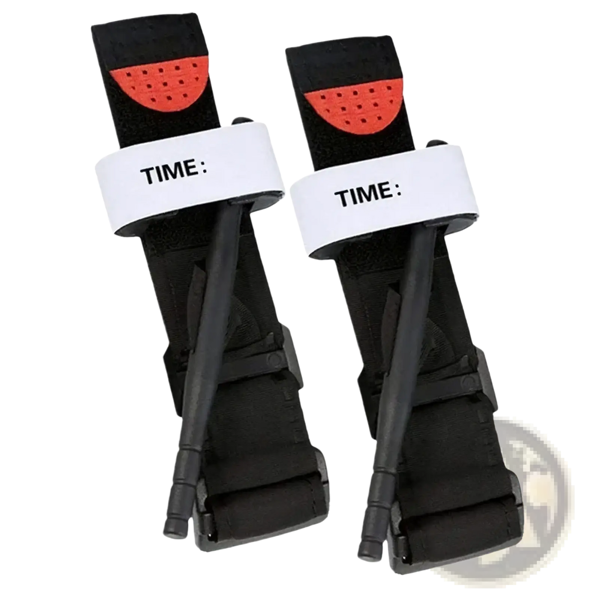 Black and orange tactical combat tourniquet emergency medical belts with white time labels for fast injury control
