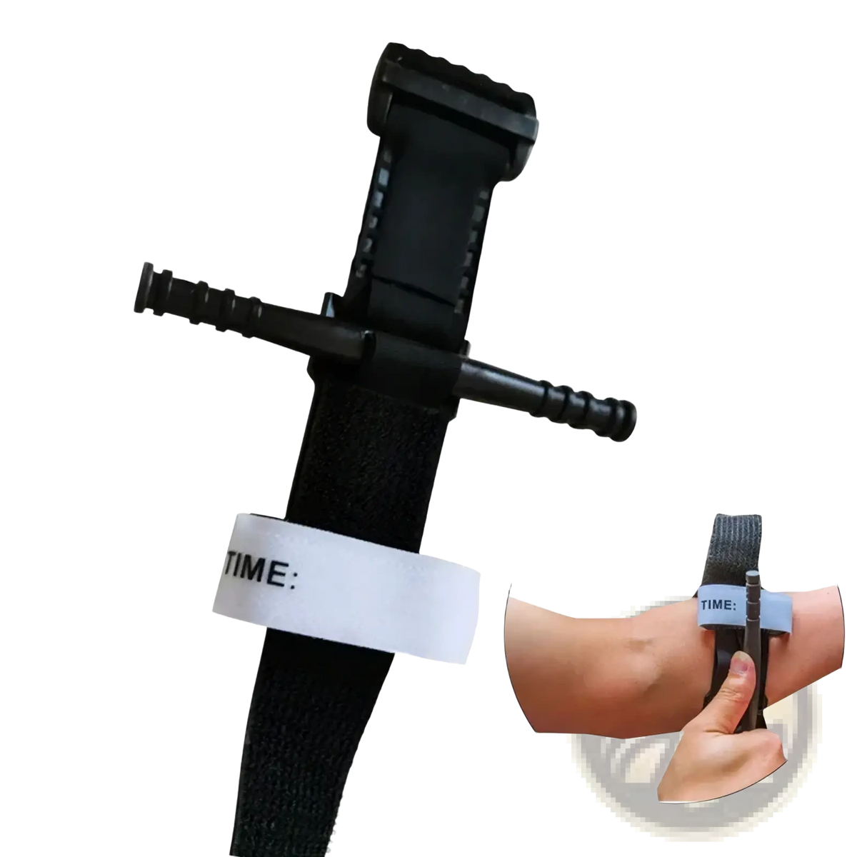 Black plastic tactical combat tourniquet with textured grip and adjustable strap for emergency medical use