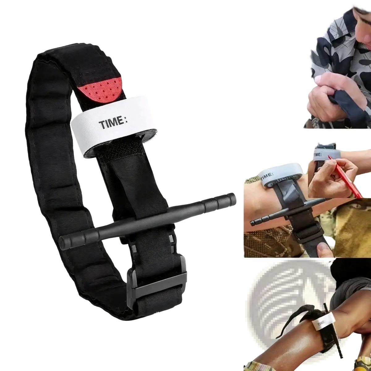 Black tactical combat tourniquet with red textured release button and white time label on strap for emergency medical use