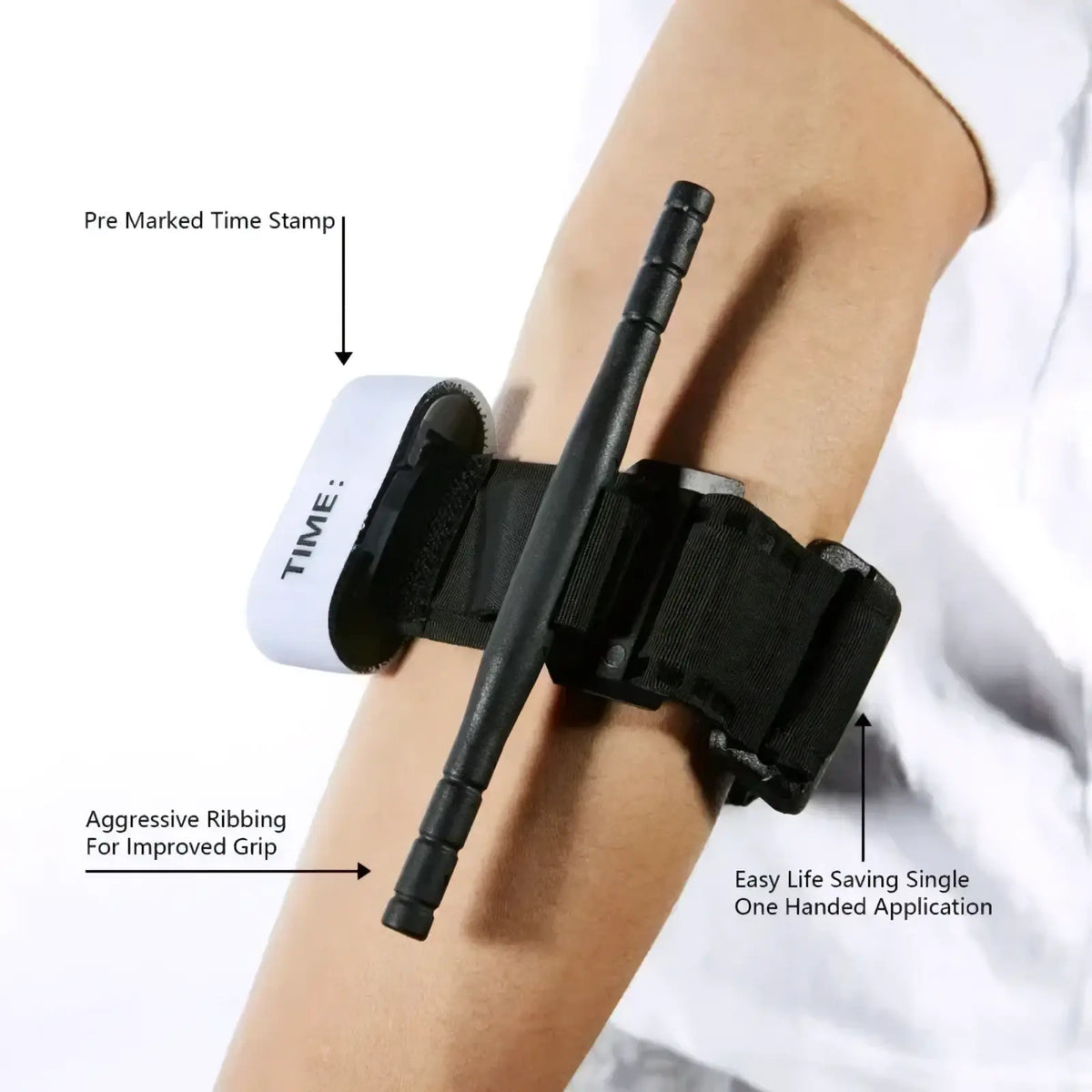 Tactical combat tourniquet emergency medical belt in black and white with textured grip for secure application