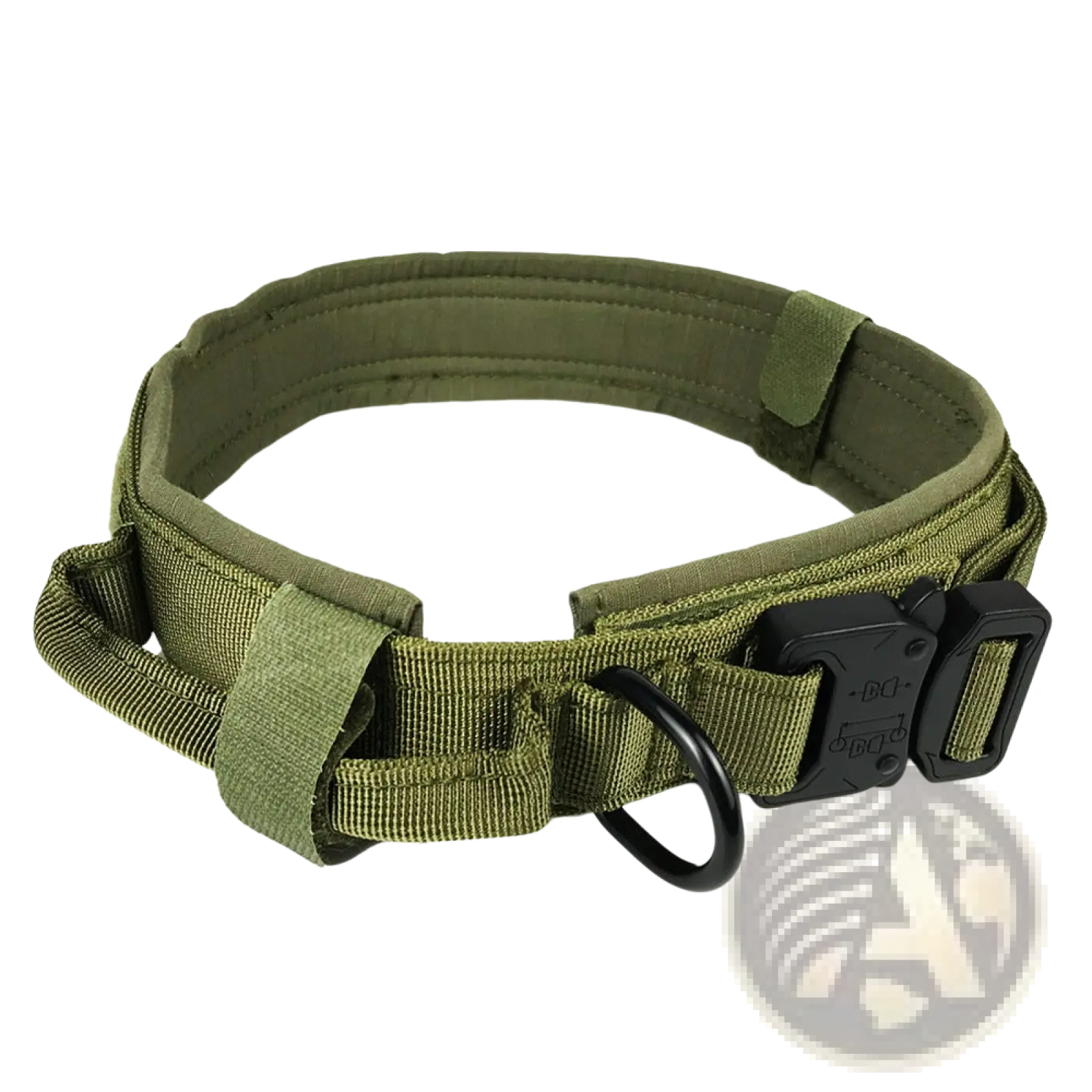 Olive green tactical dog collar made of durable 1000d nylon with black plastic buckle and metal ring for adjustment