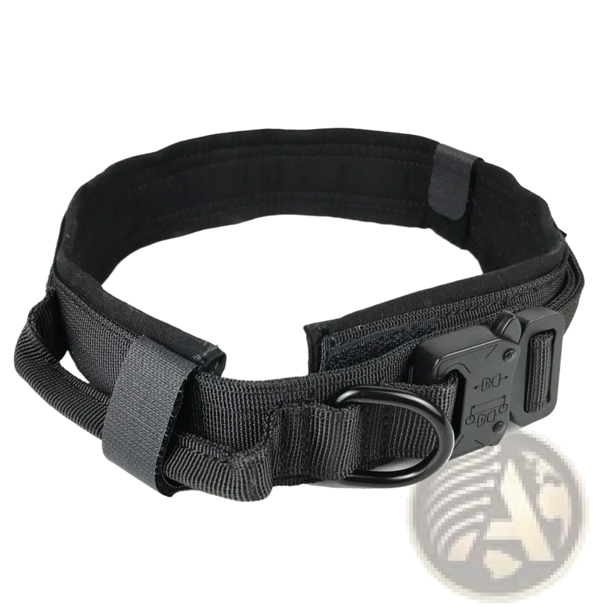 Black tactical dog collar with durable 1000d nylon strap and robust metal buckle adjustable for secure fit