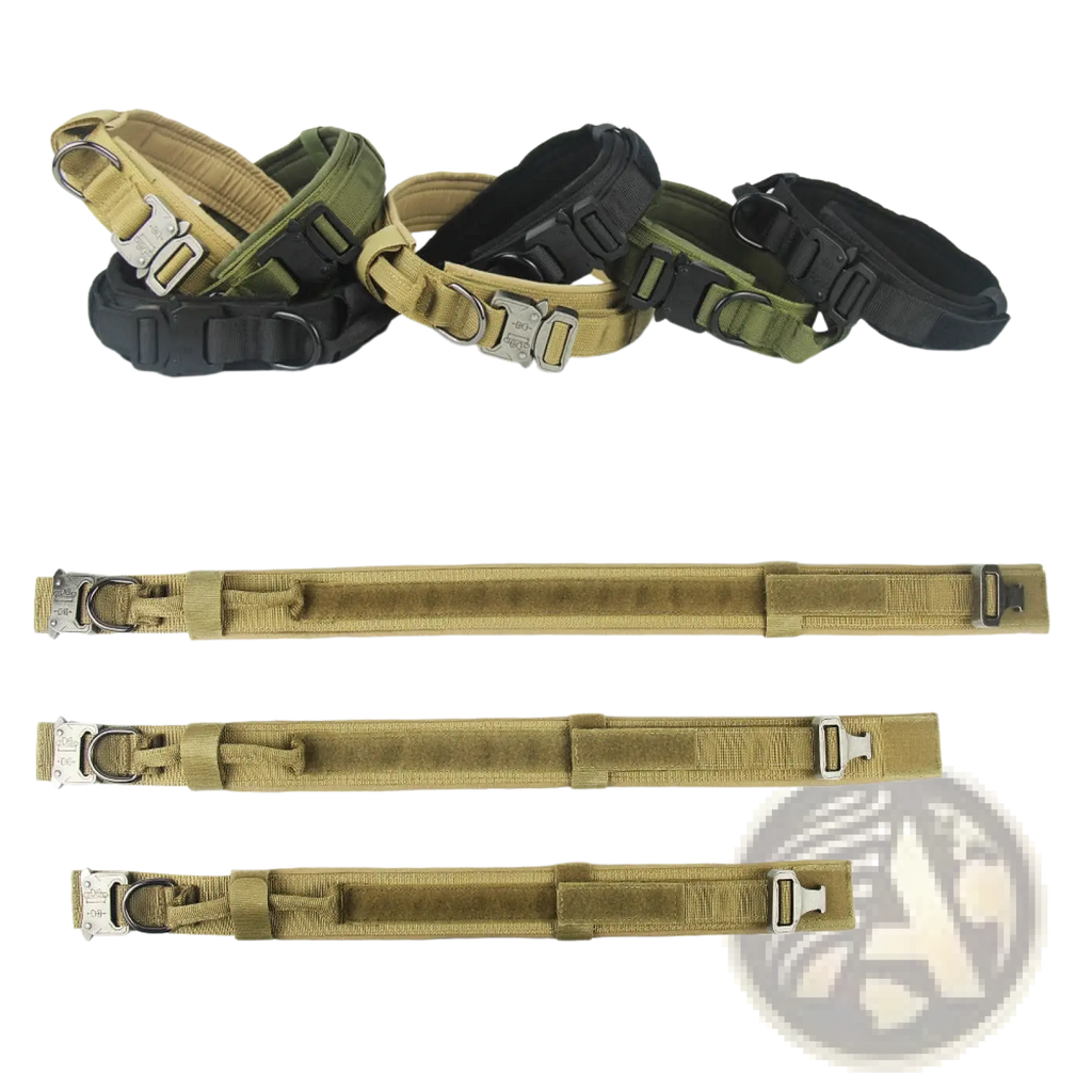 Tan tactical dog collars made of durable 1000d nylon with adjustable buckles and reinforced stitching for reliability