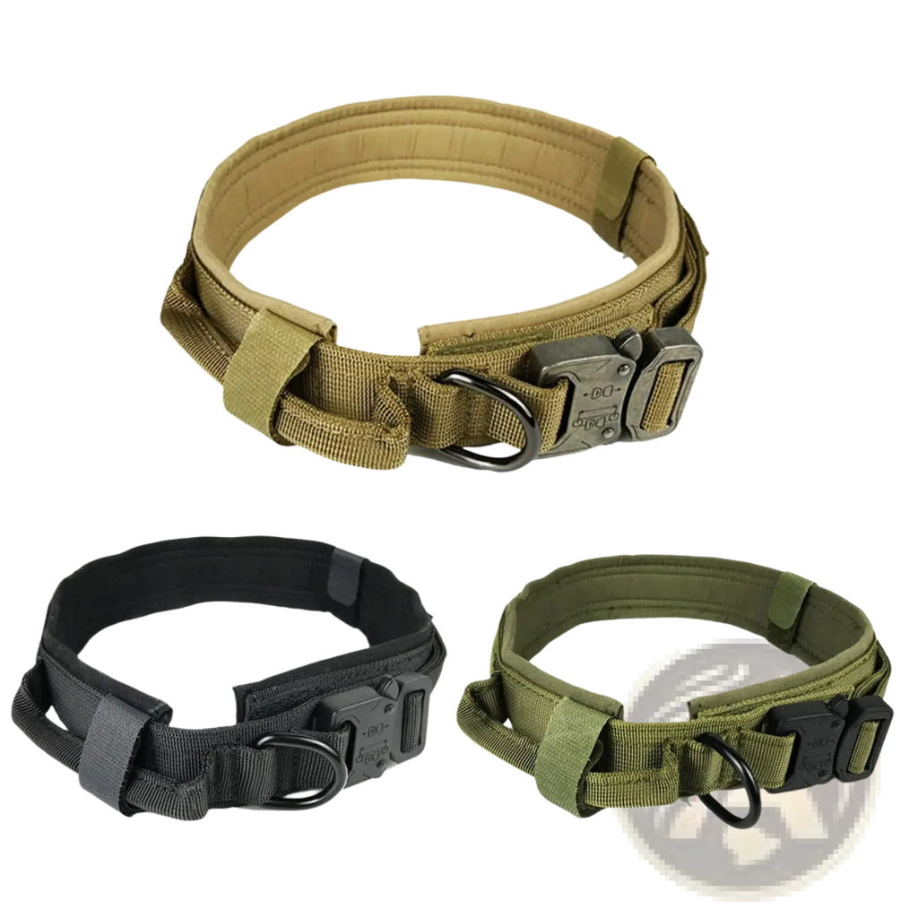 Tan tactical dog collar made of durable 1000d nylon with reinforced fabric and a sturdy metal buckle