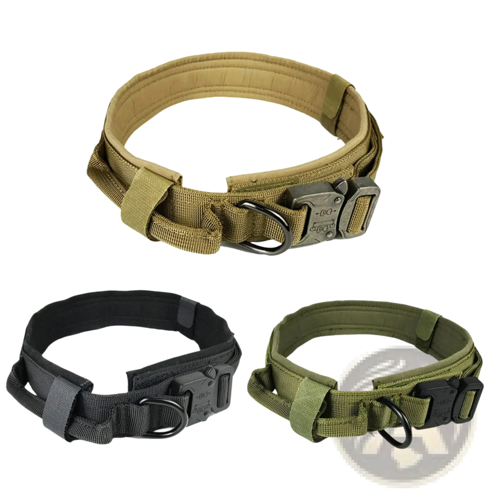 Tan tactical dog collar made of durable 1000d nylon with reinforced fabric and a sturdy metal buckle