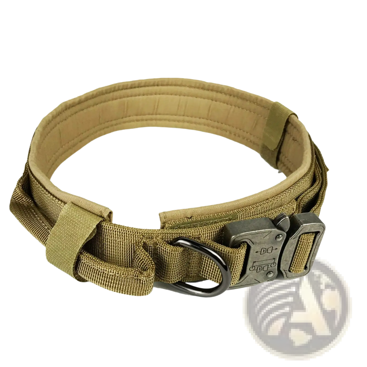 Tan tactical dog collar with durable 1000d nylon, sturdy metal buckle, and reinforced webbing adjustable for use
