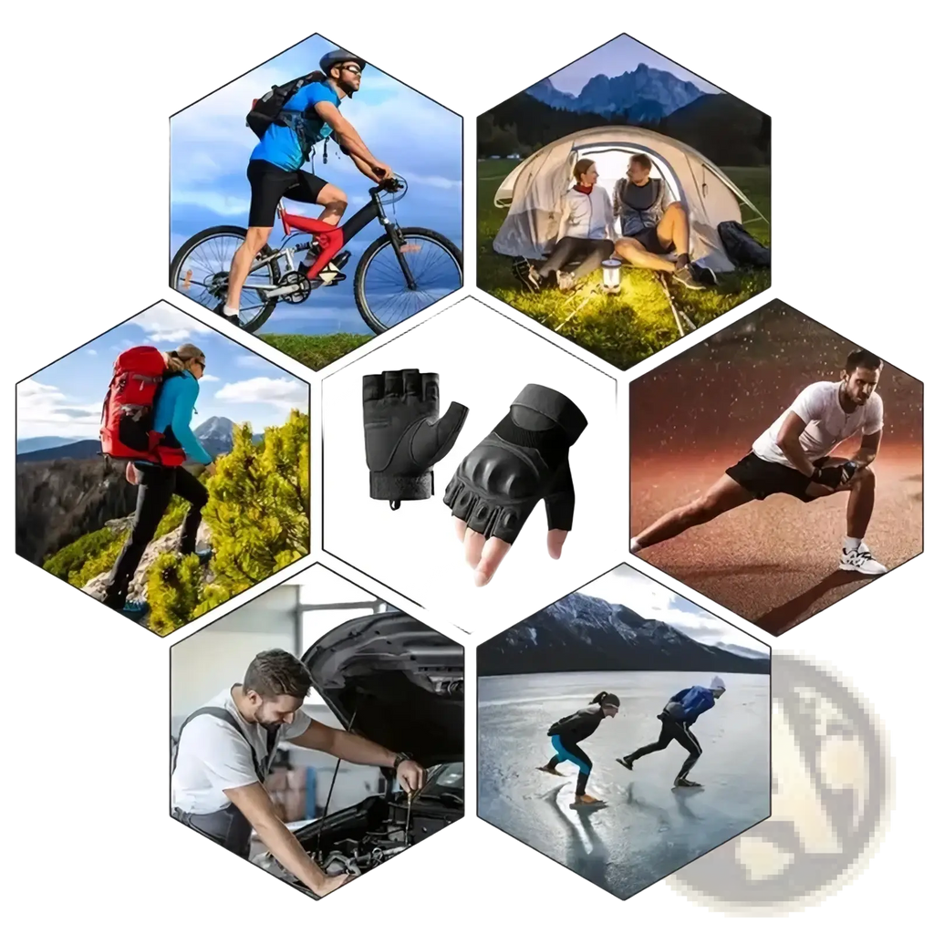 Black tactical fingerless gloves for men showing back side with reinforced padded knuckle protection for outdoor sports