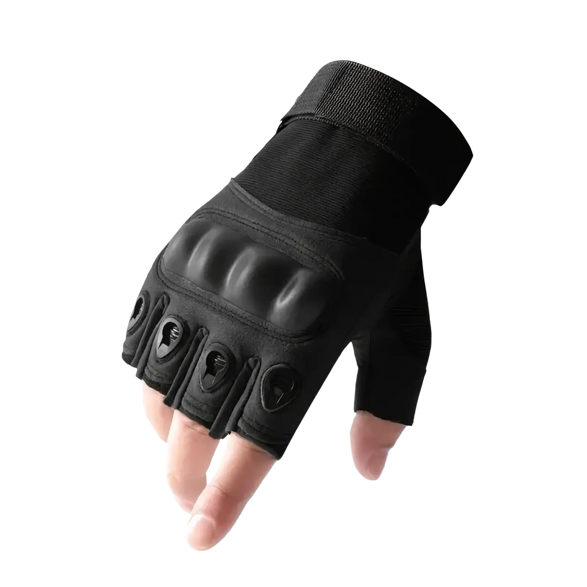 Tactical fingerless gloves for men in black with reinforced padding and adjustable wrist strap for outdoor sports