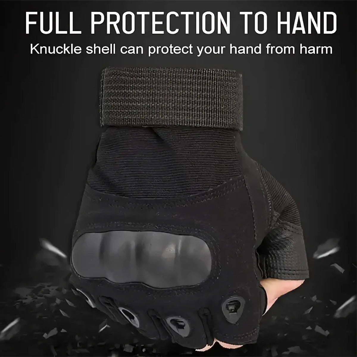 Black tactical fingerless gloves with reinforced knuckle shell and adjustable wrist strap for outdoor sports