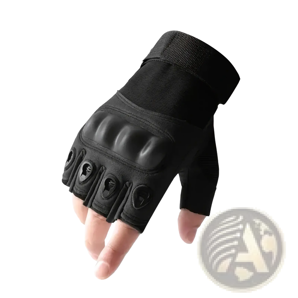 Tactical fingerless gloves for men in black with reinforced padding and adjustable wrist strap for outdoor sports