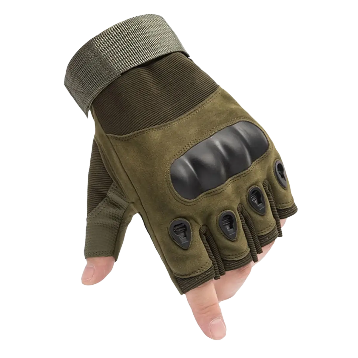 Olive green tactical fingerless gloves for men with black reinforced palm and finger protectors for outdoor sports