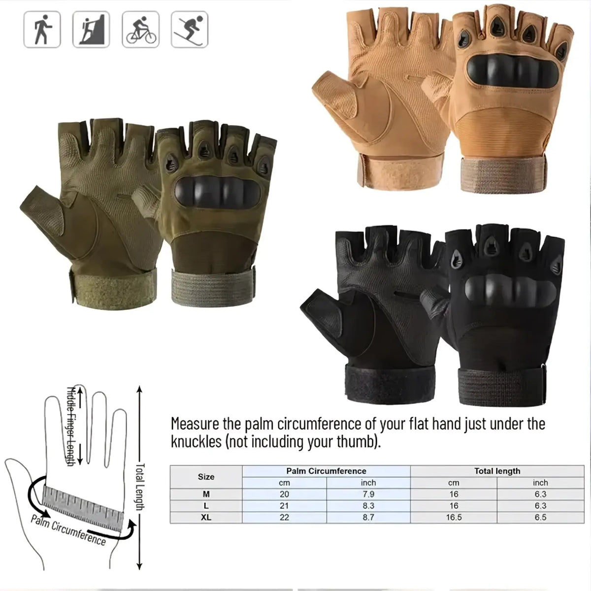 Tan tactical fingerless gloves for men with black reinforced palm and knuckle padding for outdoor sports use