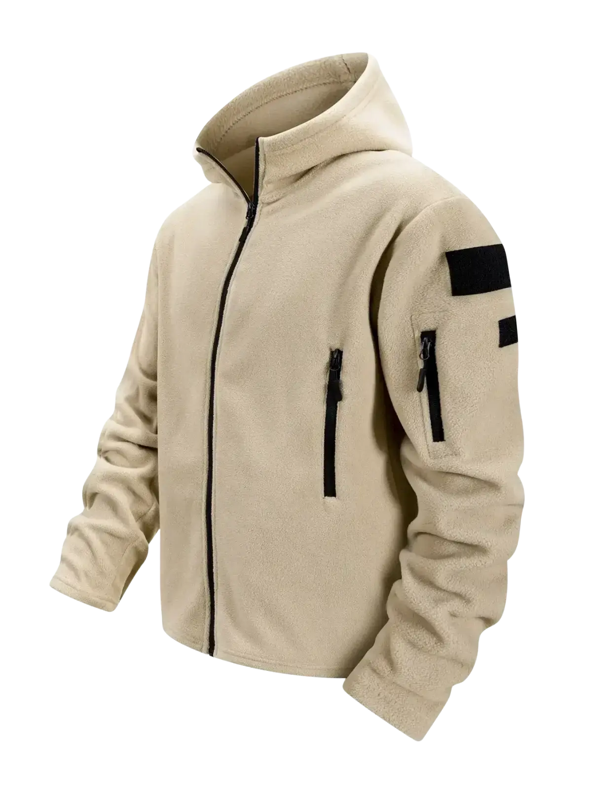 Beige tactical fleece jacket for men with full zip hooded coat and black zipper patch details