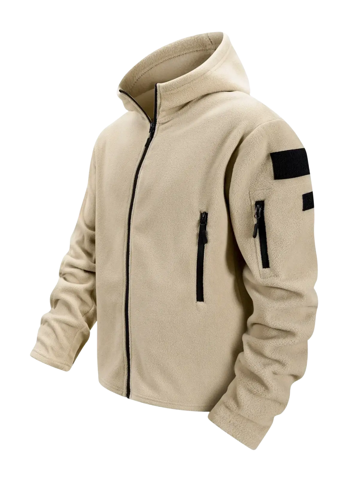 Beige tactical fleece jacket for men with full zip hood and black zipper patch details in soft fleece material