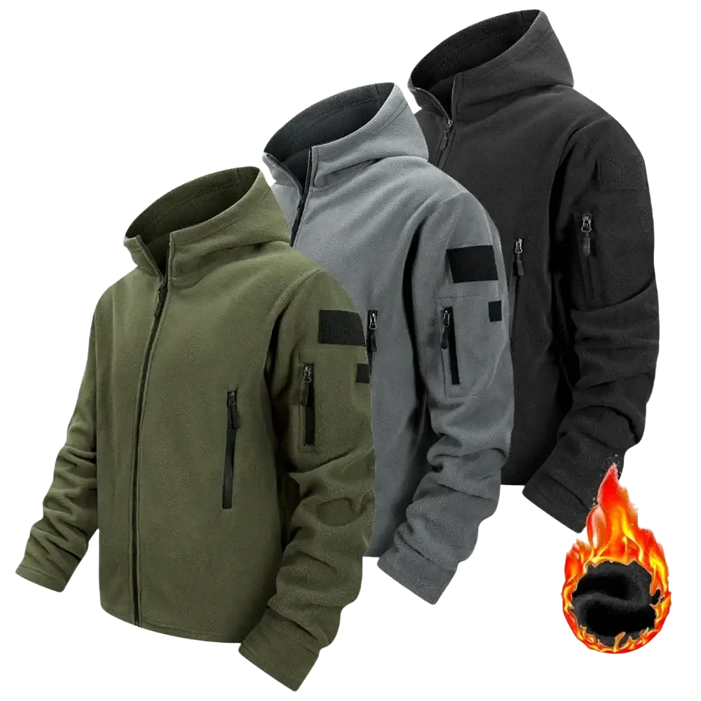 Bevama tactical fleece jackets for men in olive green gray and black with full zip hood and zippered pockets