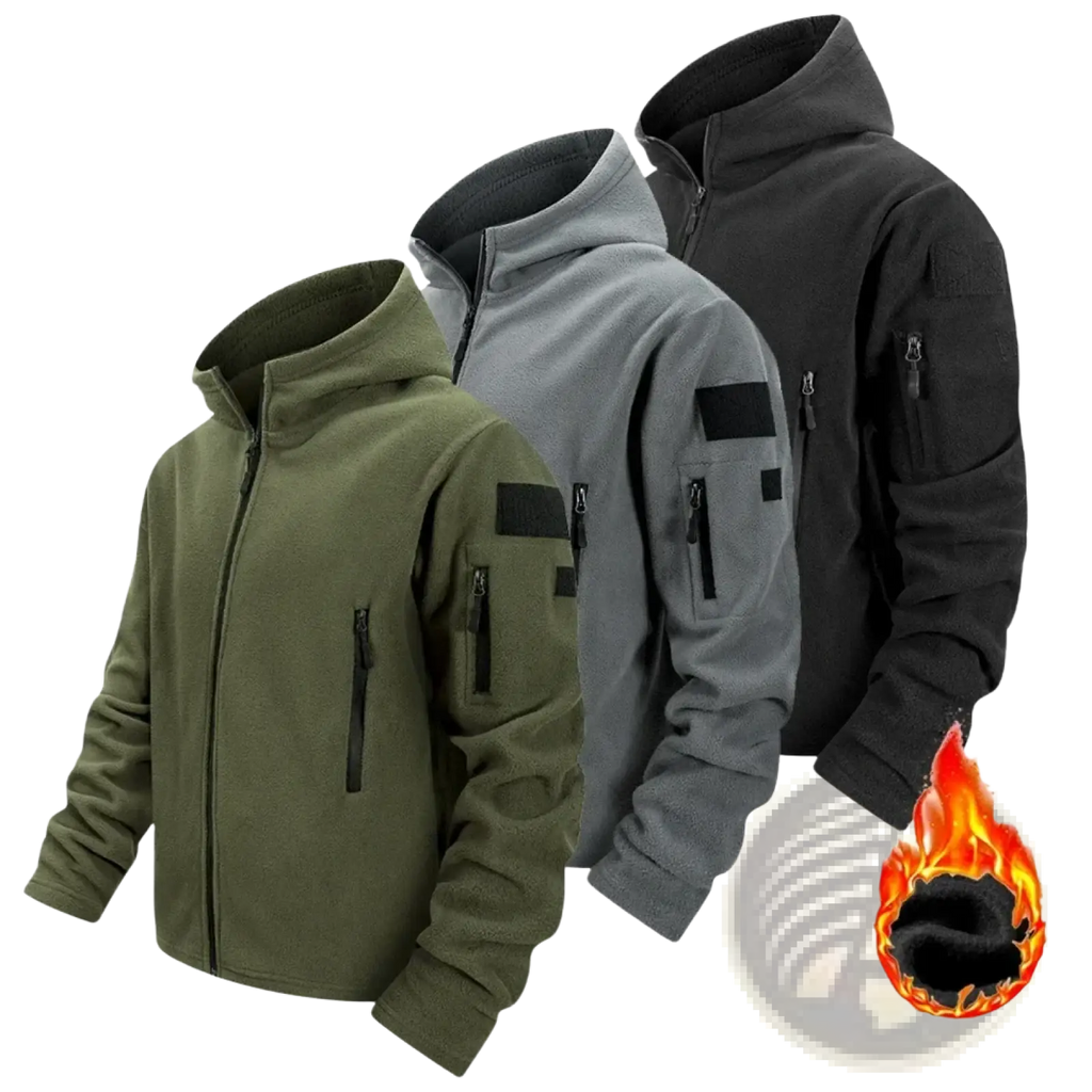 Bevama tactical fleece jackets for men in olive green gray and black with full zip hood and zippered pockets