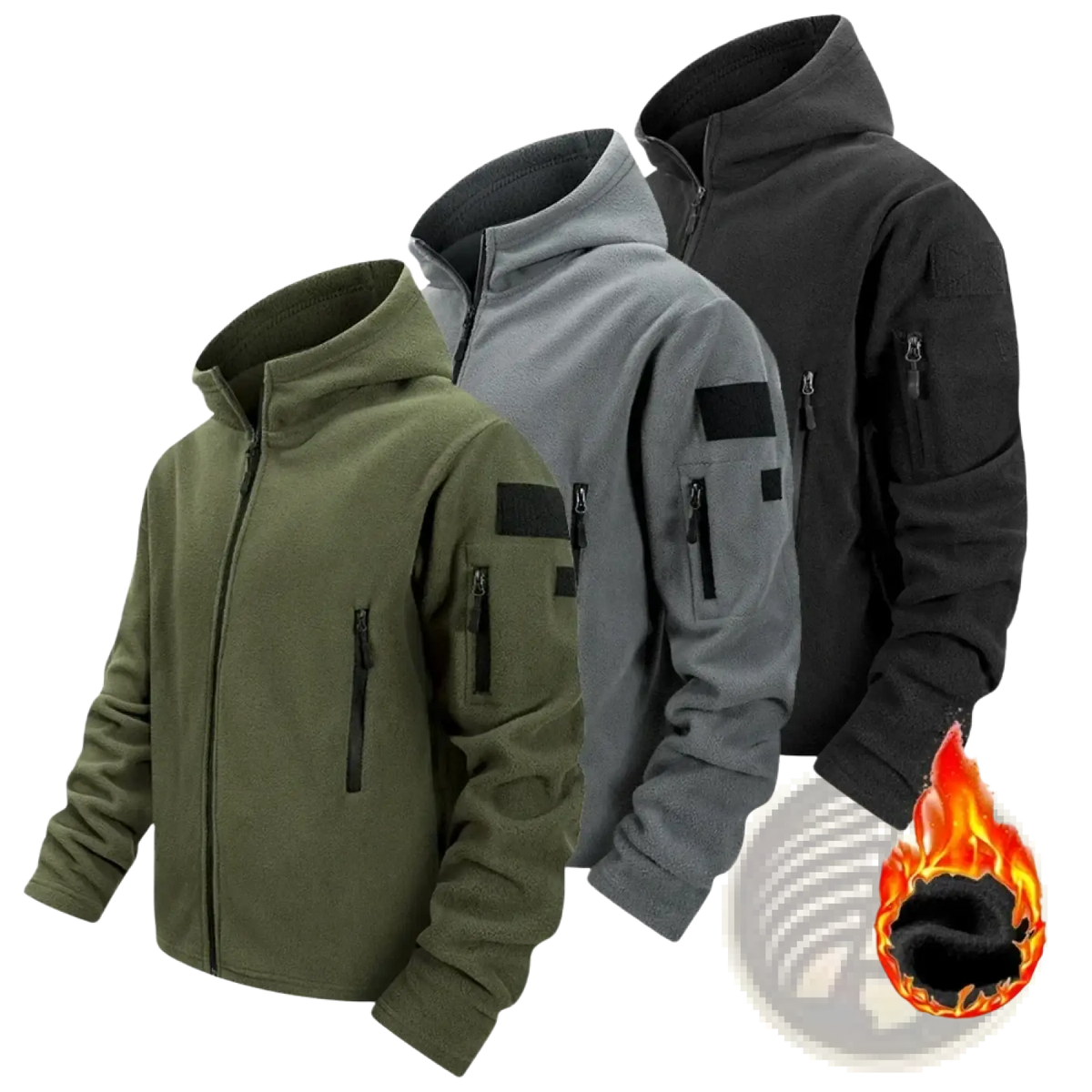 Bevama tactical fleece jackets for men in olive green gray and black with full zip hood and zippered pockets