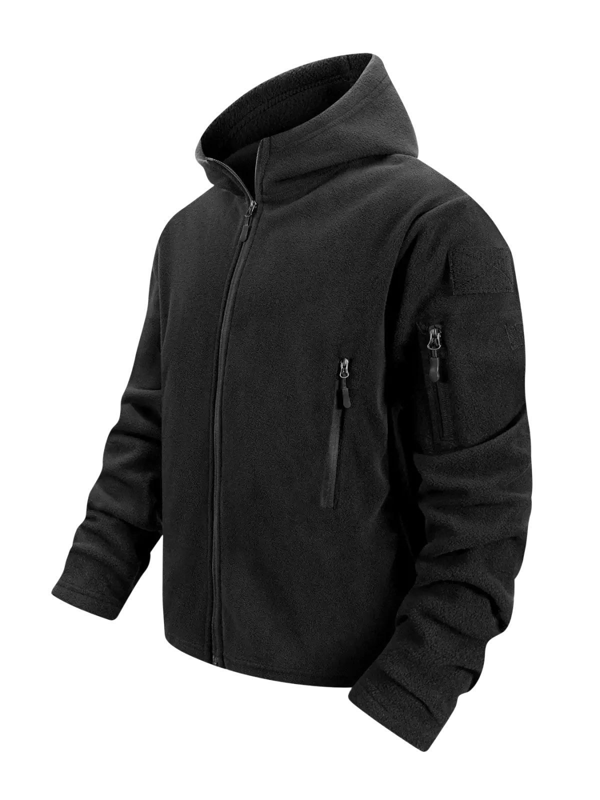 Black tactical fleece jacket for men with full zip, soft lined hood, and zippered pockets for secure storage