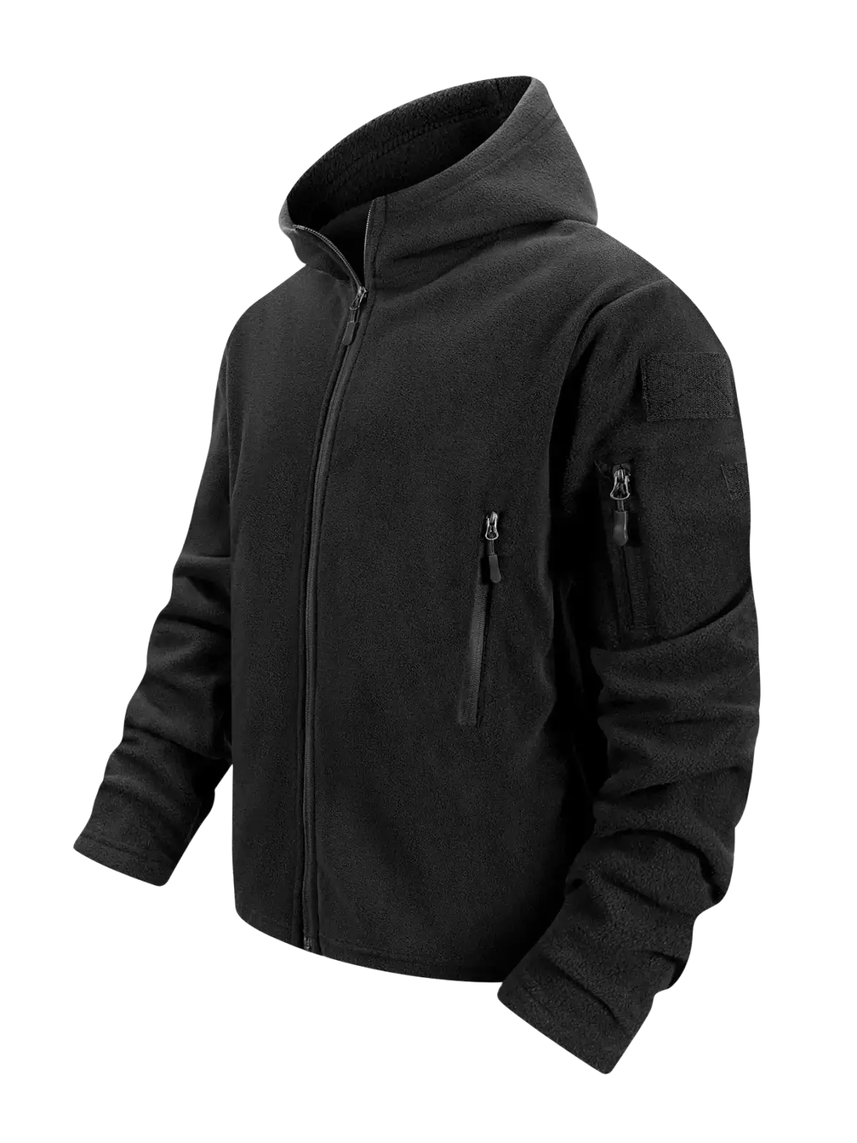 Black tactical fleece jacket for men with full zip, hood, and zippered pockets for tactical use
