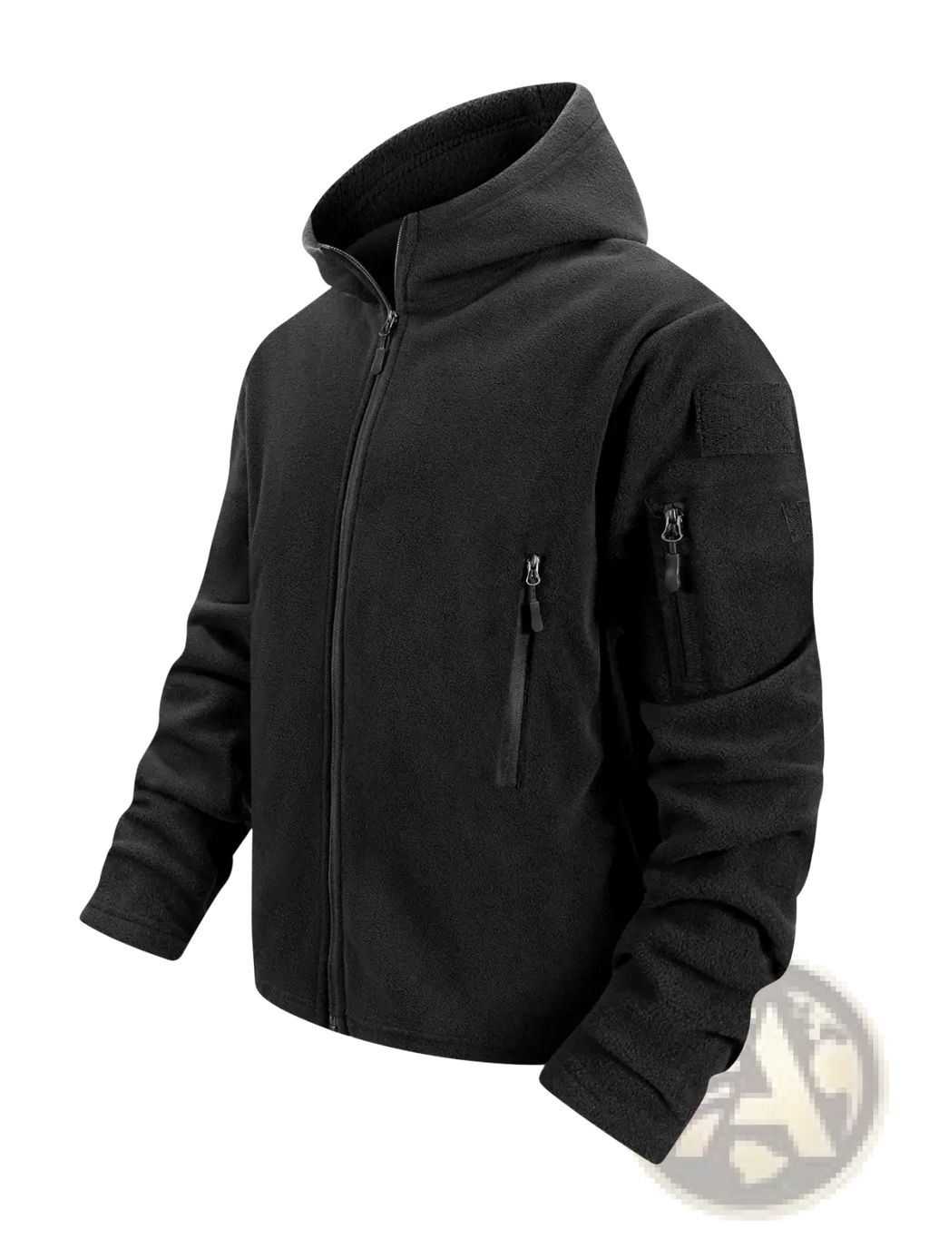 Black tactical fleece jacket for men with full zip, soft lined hood, and zippered pockets for secure storage