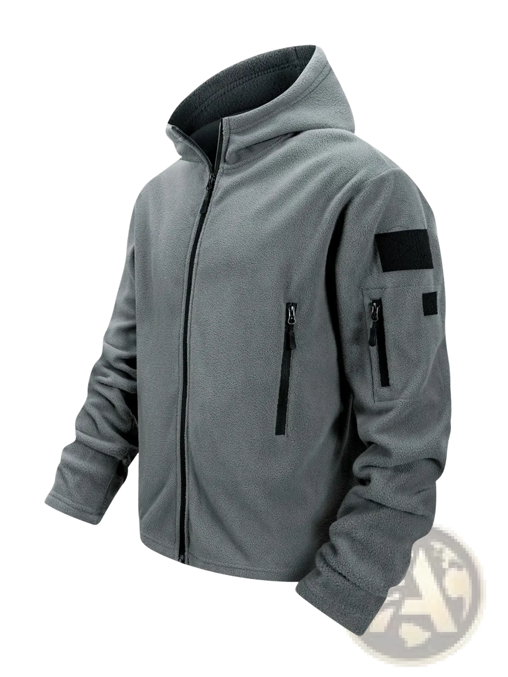 Gray fleece tactical jacket for men with full zip hooded design black zipper and patch details