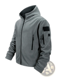 Gray fleece tactical jacket for men with full zip hooded design black zipper and patch details