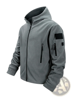 Gray fleece tactical jacket for men with full zip hooded design black zipper and patch details