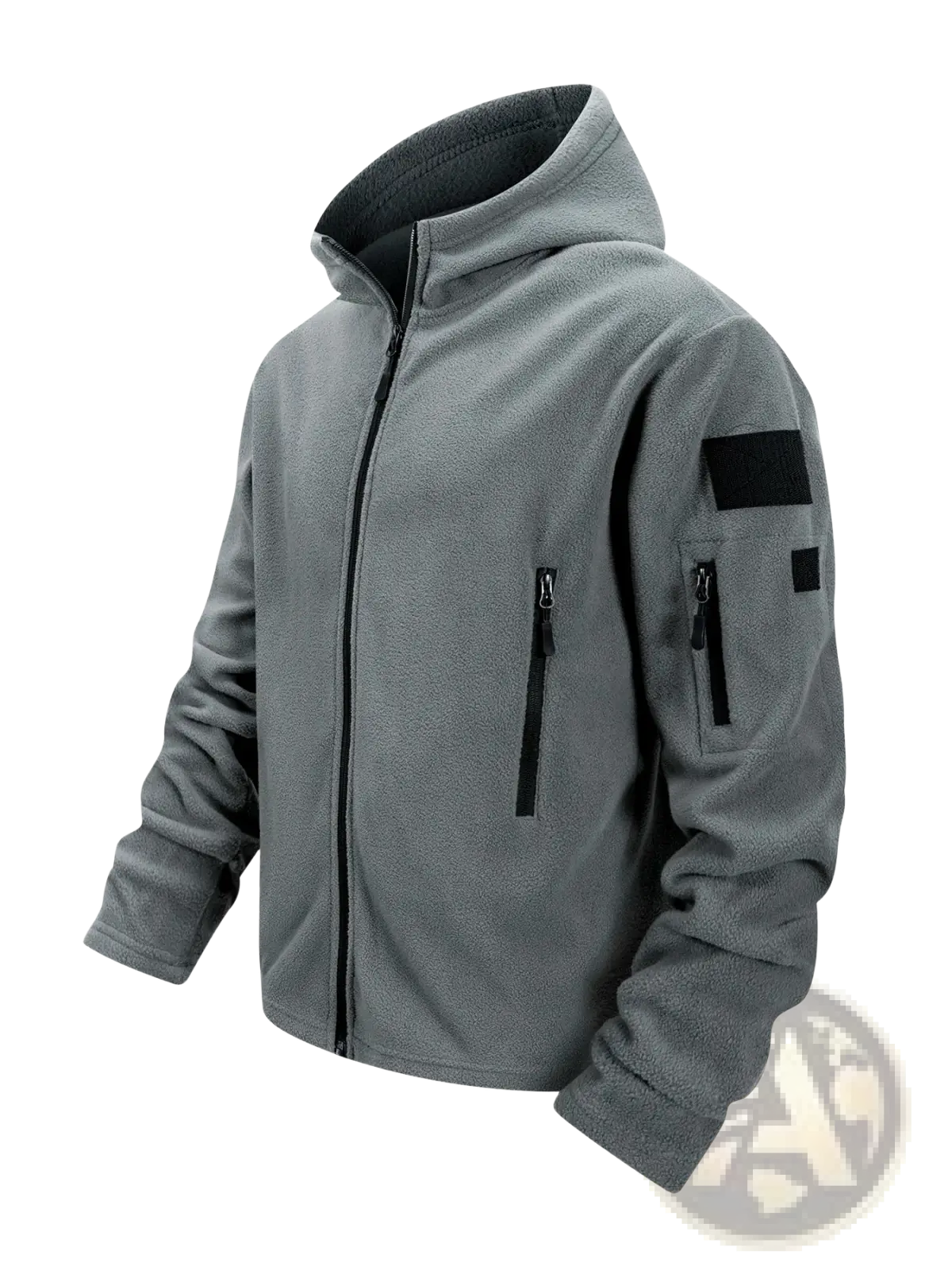 Gray fleece tactical jacket for men with full zip hooded design black zipper and patch details
