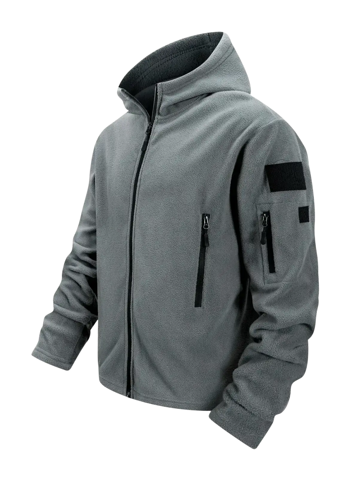 Gray hooded tactical fleece jacket for men with full zip black zipper and patch details made of soft fleece material