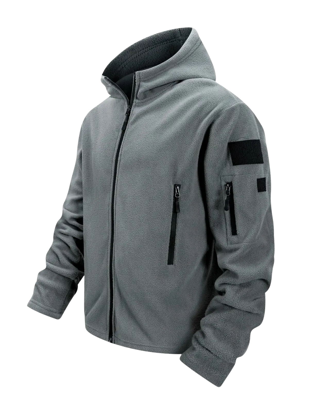 Gray fleece tactical jacket for men with full zip hooded design black zipper and patch details