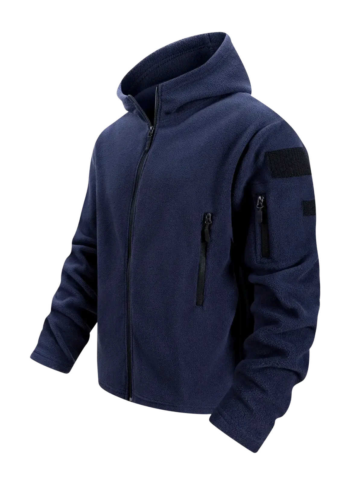 Navy blue tactical fleece jacket for men with full zip hood and black patch details in warm fleece material