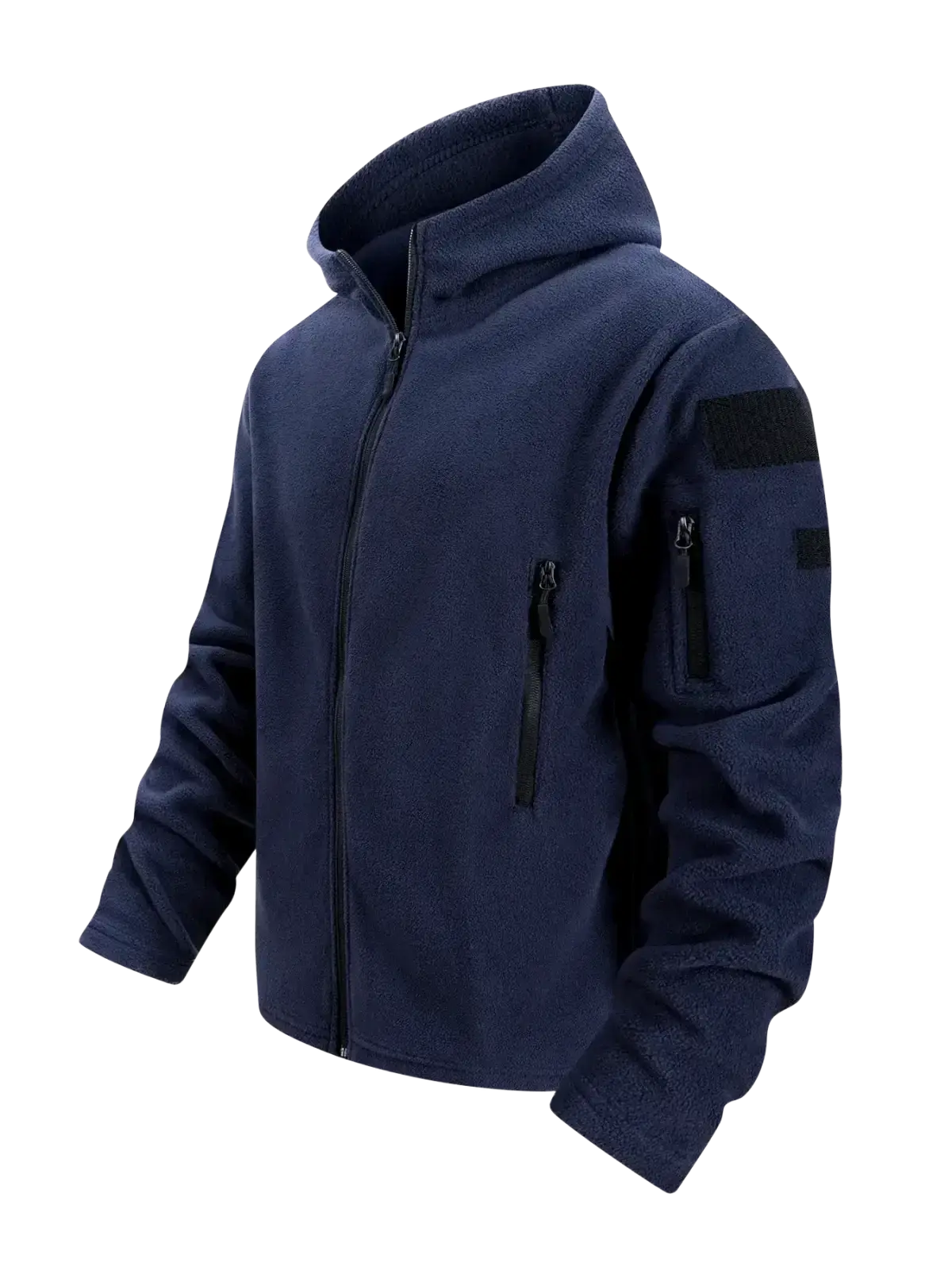 Navy blue tactical fleece jacket for men with full zip hood and black zipper and patch details in fleece material
