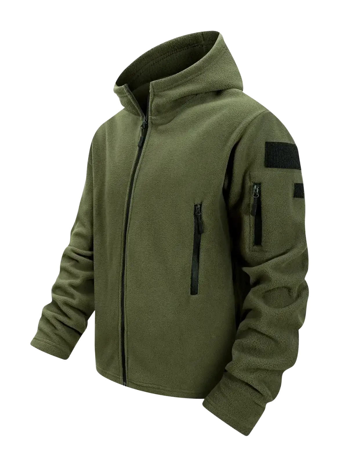Olive green tactical fleece jacket with hood black zipper accents and tactical patch on sleeve men full zip coat