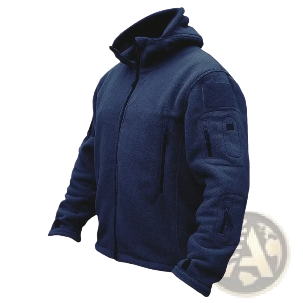 Navy blue tactical fleece jacket men military outdoor hoodie with multiple zippered pockets and tactical patches