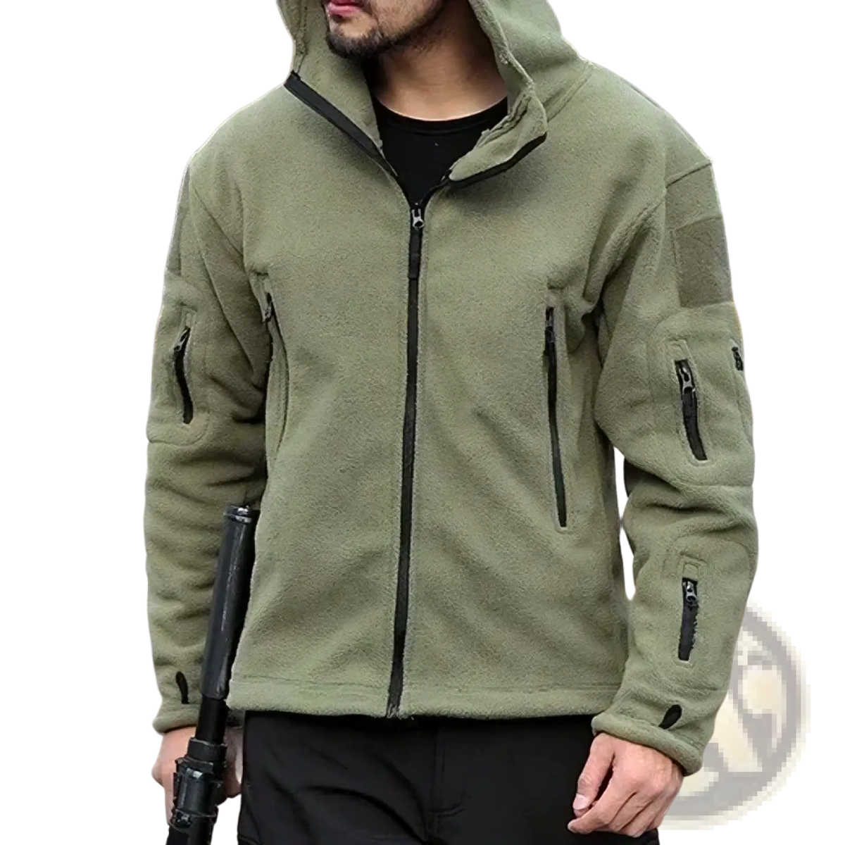 Olive green tactical fleece jacket for men with black zipper accents and multiple zippered pockets for outdoor use