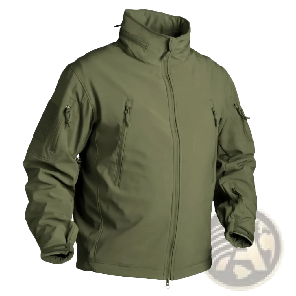 Olive green tactical fleece softshell jacket for men with multiple zippered pockets and a high collar