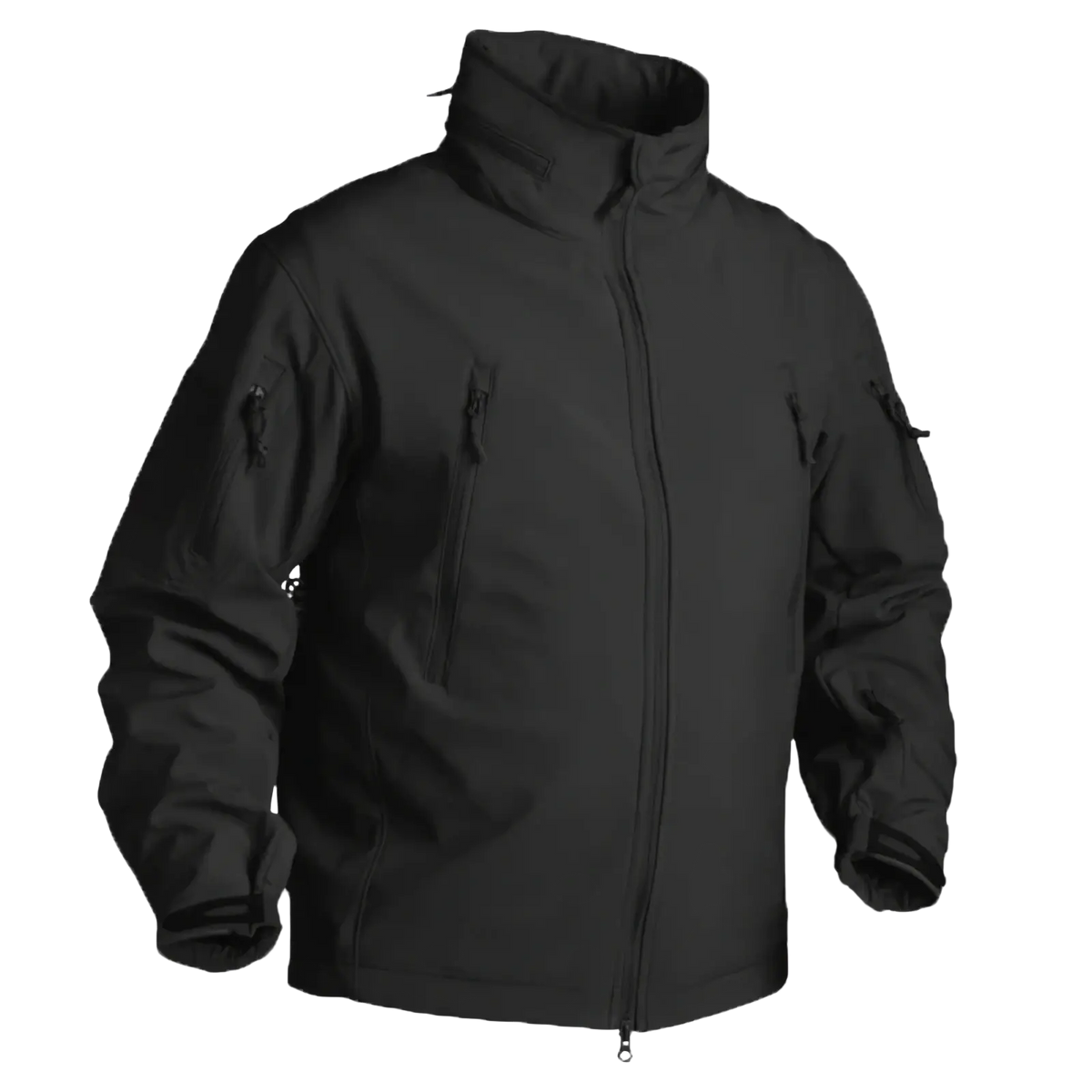 Black tactical fleece softshell jacket for men with high collar zippered front and multiple pockets