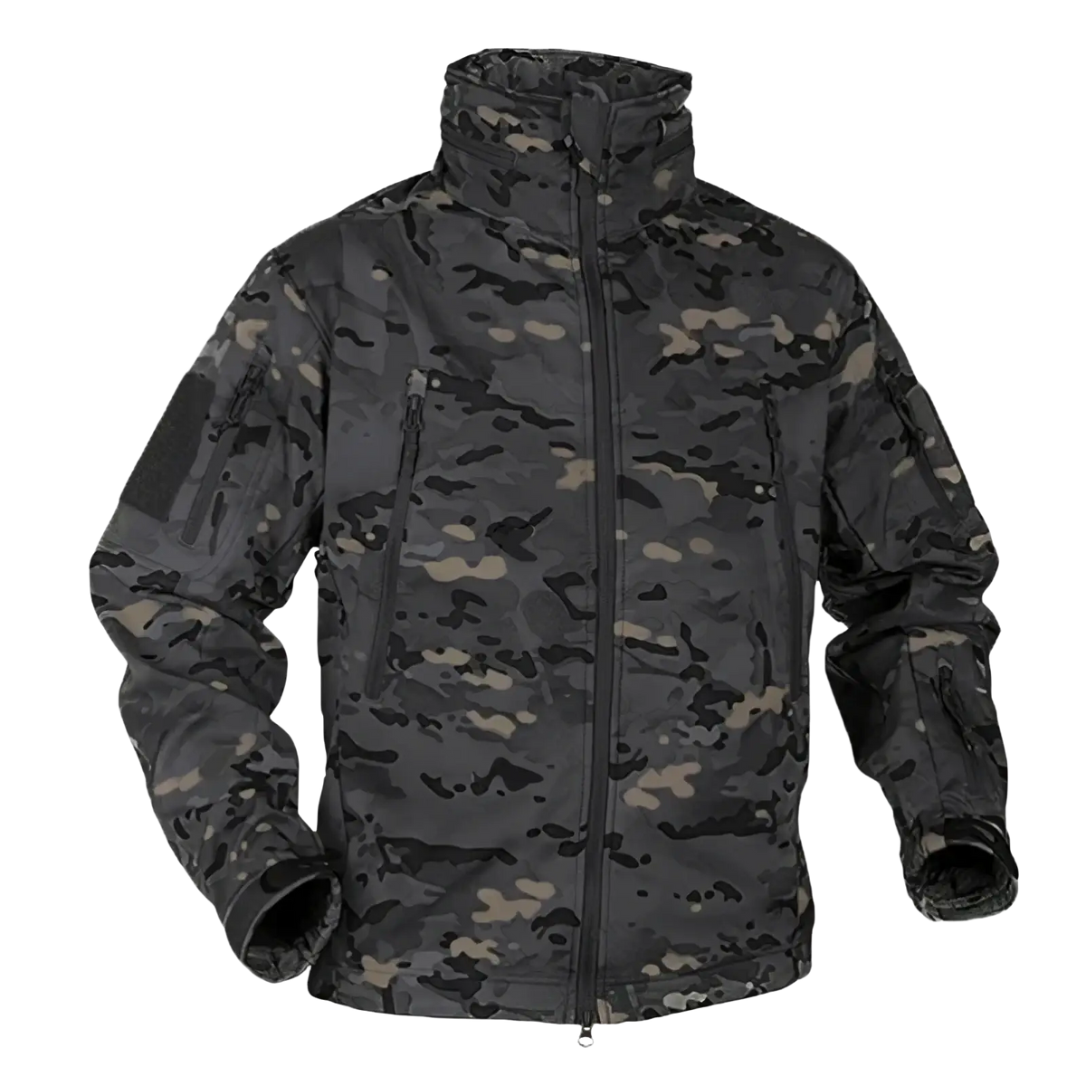 Tactical fleece softshell jacket for men in black and tan digital camouflage with high collar and multiple zippered pockets