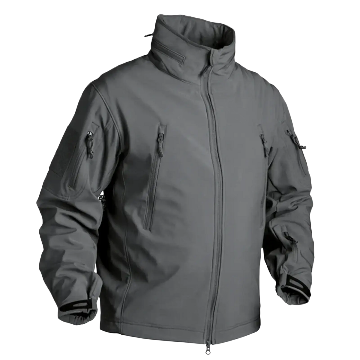 Tactical fleece softshell jacket for men in gray with multiple zippered pockets and a high collar made of softshell material