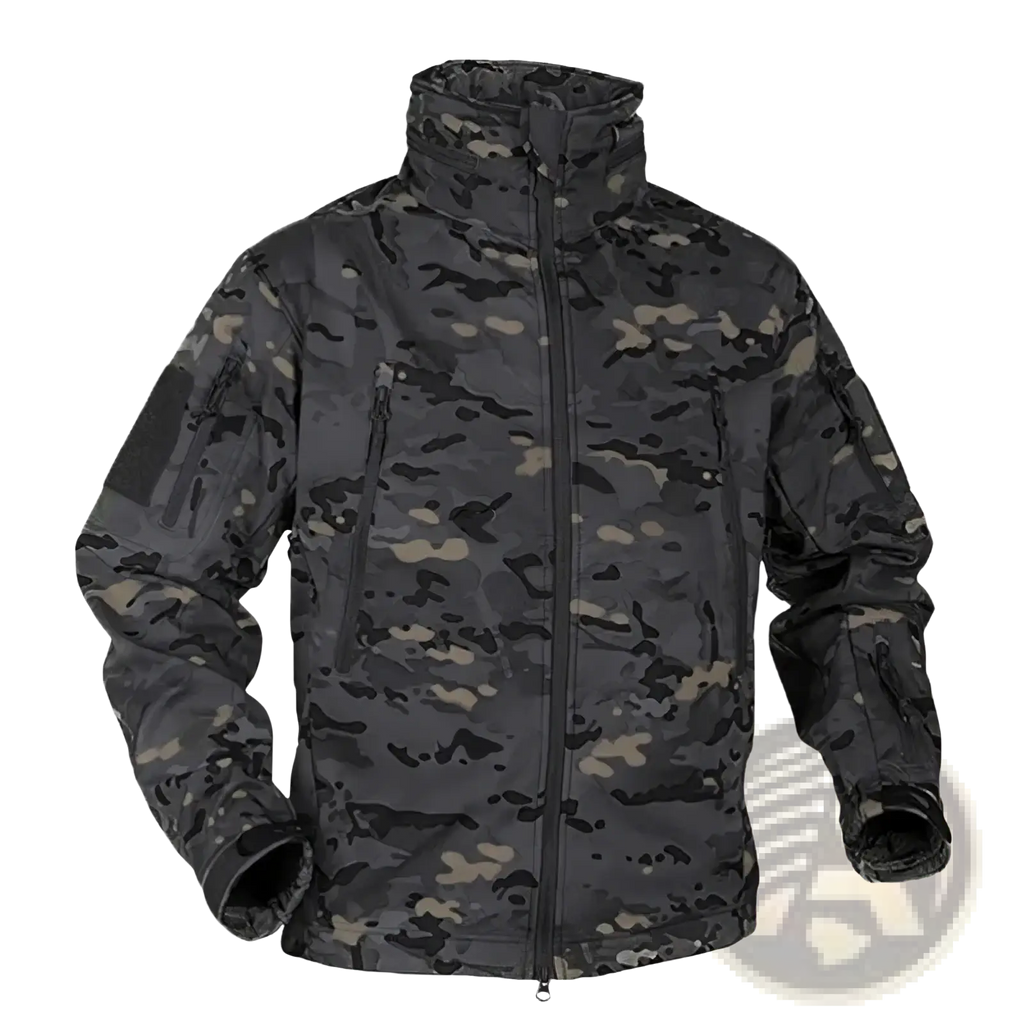 Leviortin tactical fleece softshell jacket for men in dark gray and black camouflage with multiple zippered pockets