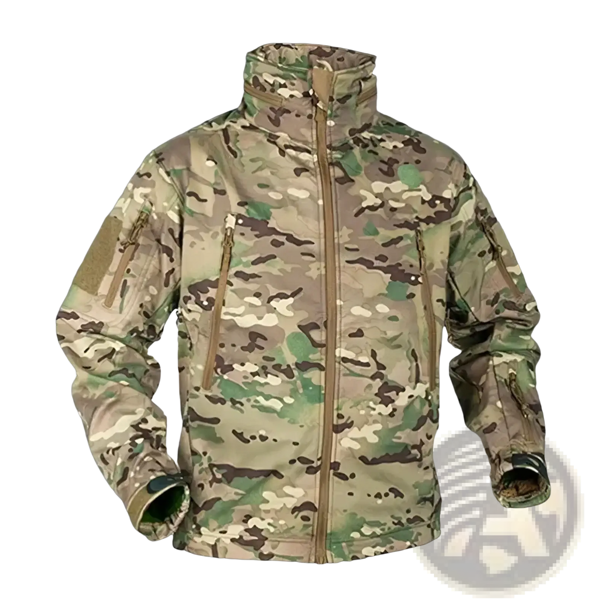 Leviortin tactical fleece softshell jacket for men in multi-toned woodland camouflage with tan zipper accents
