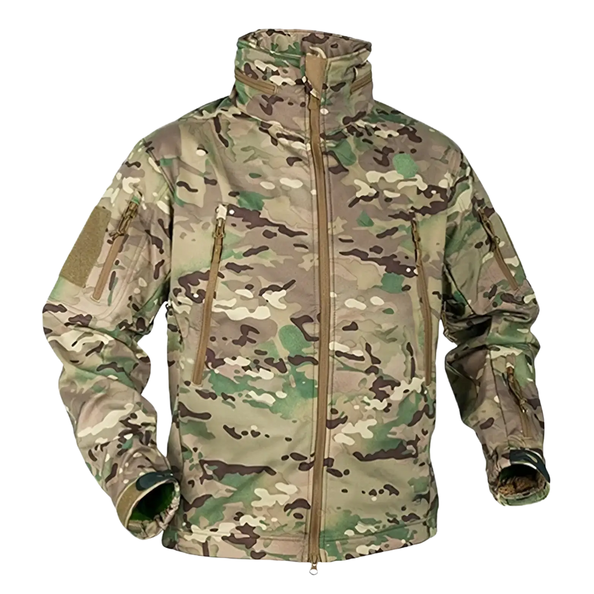Tactical fleece softshell jacket for men with multicam camouflage pattern, tan zippers, and durable reinforced fabric