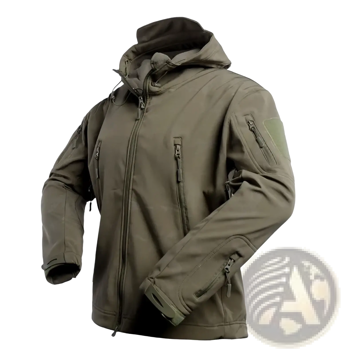 Olive green tactical fleece softshell jacket for men with multiple zippered pockets and detachable hood