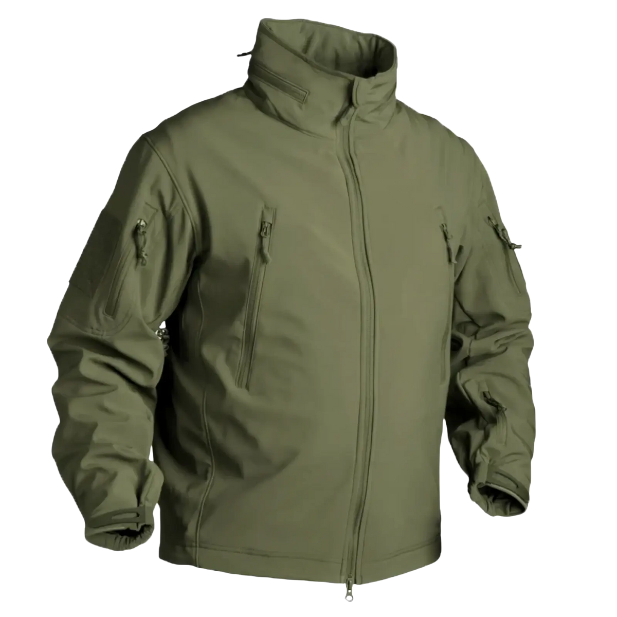 Olive green tactical fleece softshell jacket for men with multiple zippered pockets and a high collar