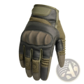 Tactical gloves reinforced tan and dark gray with leather palms breathable mesh backhand and padded wrist strap shown from back side
