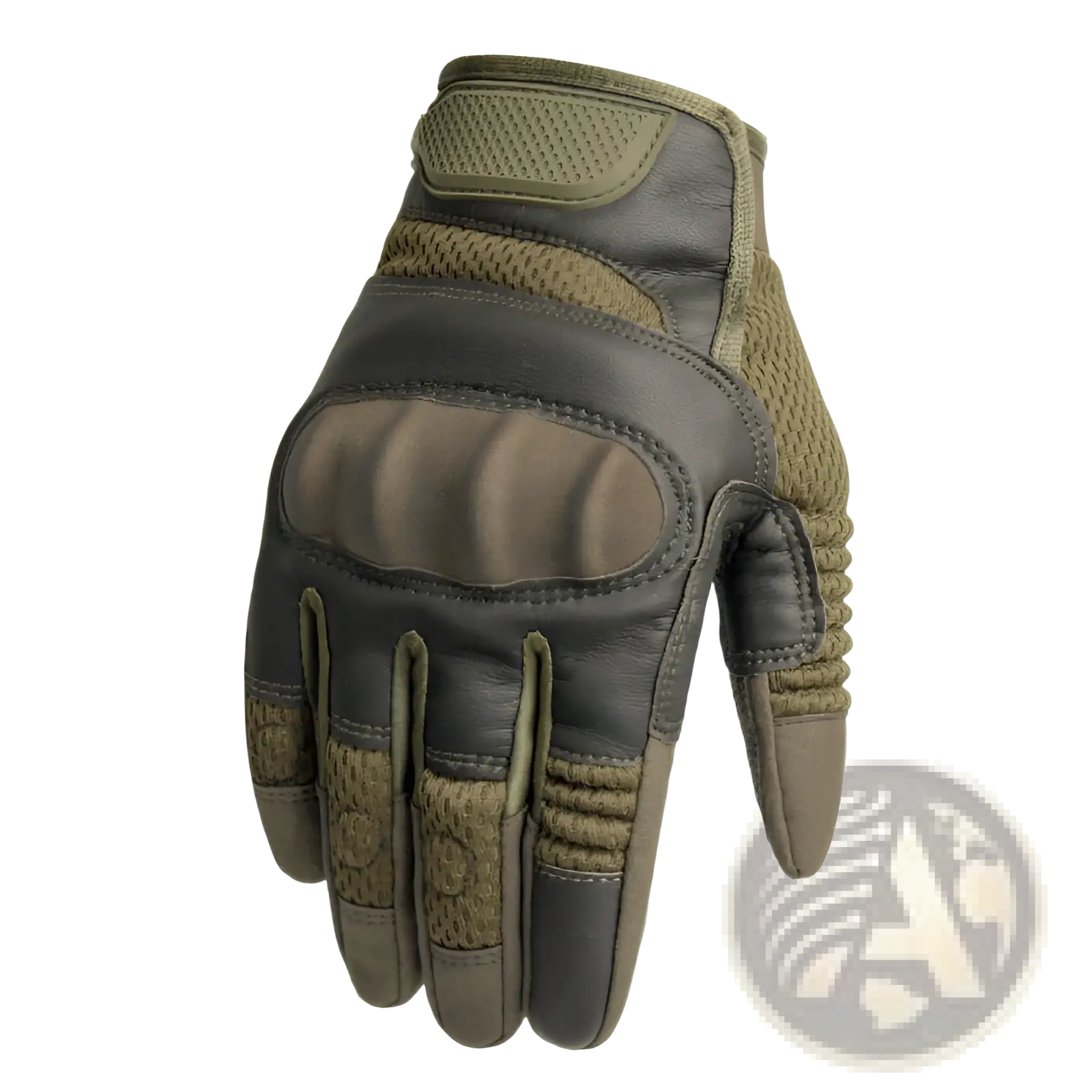 Tactical gloves reinforced tan and dark gray with leather palms breathable mesh backhand and padded wrist strap shown from back side