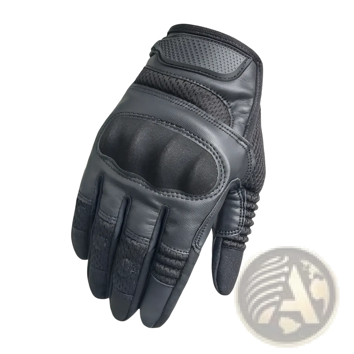 Black leather tactical motorcycle glove with reinforced padding and breathable mesh panels for multifunctional use