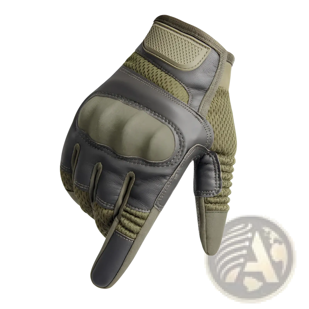 Olive and gray tactical gloves with reinforced leather palms breathable mesh panels and durable multifunctional design